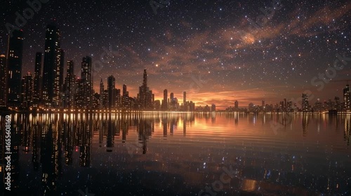 A photorealistic timelapse of starry night sky over a city river, skyscrapers reflecting in the water, stars fading as the horizon glows orange
