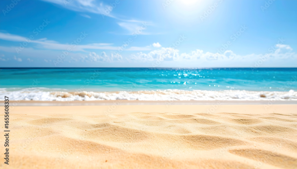 Fototapeta premium Beautiful Sandy Beach with Turquoise Water Under a Sunny Blue Sky, Perfect for Vacation