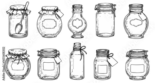 Charming hand-drawn collection of vintage mason jars for rustic kitchen decor and canning themes