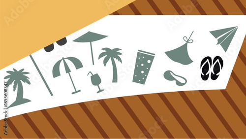 Summer vacation beach icons arranged on a diagonal banner with brown striped background travel