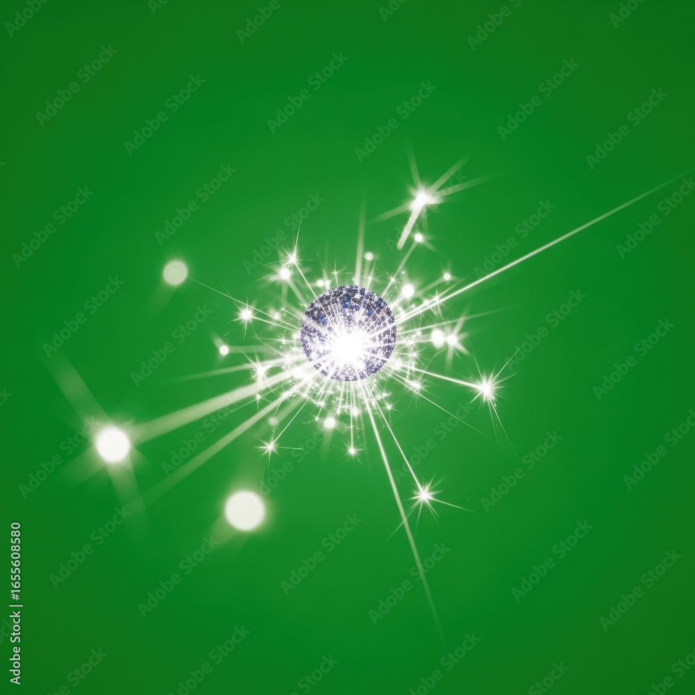 Fototapeta premium Sparkling Disco Ball with Bright Light Effects on Vibrant Green Background