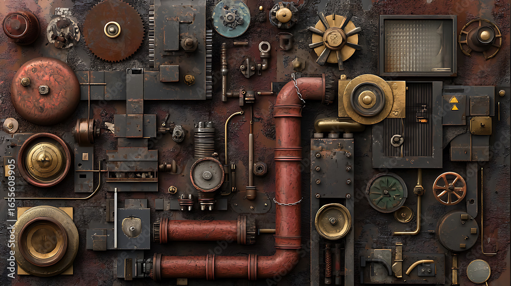 Fototapeta premium Rusty industrial machinery and equipment arranged in chaotic yet artistic manner, showcasing various gears, pipes, and mechanical components