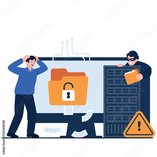 IT Administator Illustration. Vector illustration of Hacker stealing data while administrator is shocked in front of server and locked folder. Isolated on background