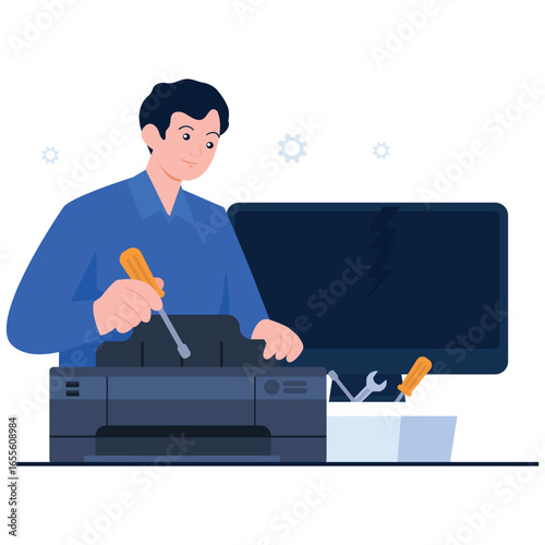 IT Administator Illustration. Vector illustration of Technician repairing printer with tools in front of a computer screen. Isolated on background