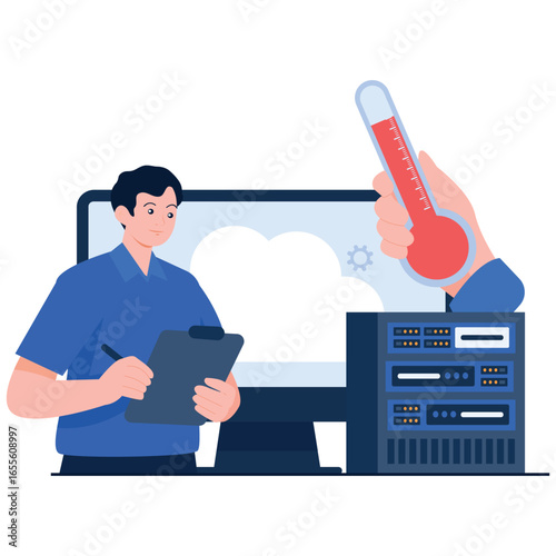 IT Administator Illustration. Vector illustration of IT administrator checking server temperature with clipboard and thermometer near server racks. Isolated on background