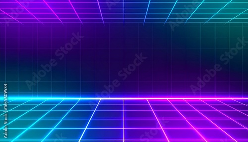 Futuristic digital background with a glowing neon grid in a retro 80s synthwave style, abstract cyberspace concept