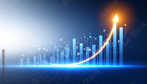 Glowing blue bar chart with a rising arrow symbolizing financial success, data analysis, investment growth, and future technology trends