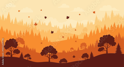 Autumn Landscape Illustration with Layered Forest Mountains and Falling Leaves