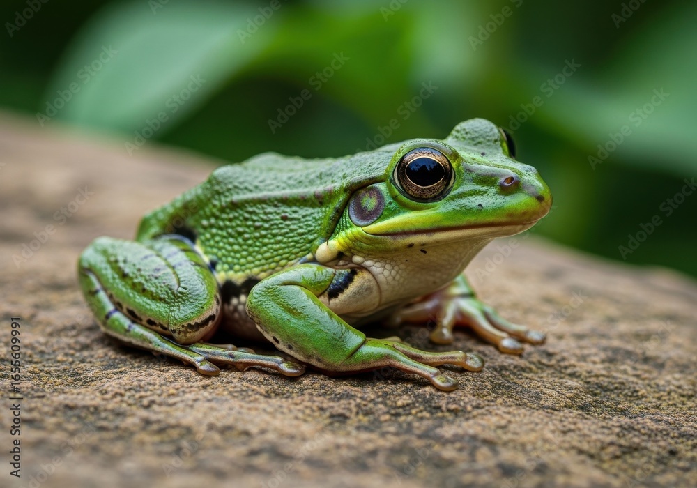 Fototapeta premium Green Tree Frog Sitting on Rock in Natural Environment