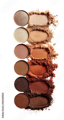 Vertical array of eyeshadow palettes in warm earth tones.  Pigment spills around