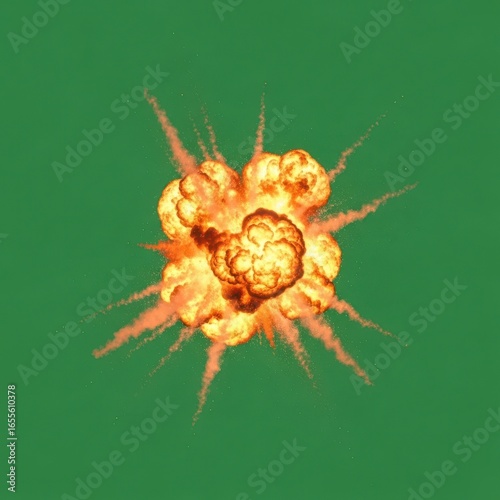 Explosive Fireball Explosion with Bright Orange Flames and Smoke Against Green Background