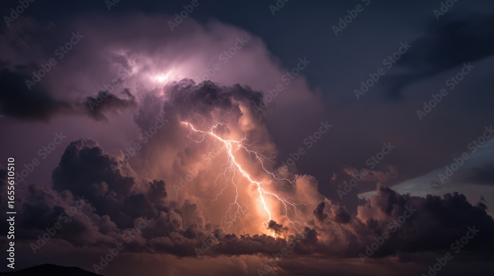 Fototapeta premium A powerful lightning bolt pierces through dark storm clouds, creating a stunning light display against the backdrop of a mountain landscape during a summer evening.