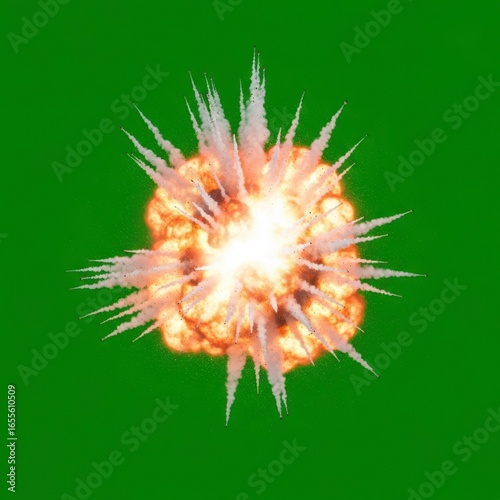Explosive Firework Explosion Bright Orange and White Sparks on Green Background