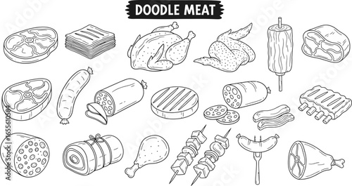 Doodle meat collection vector illustration line art style