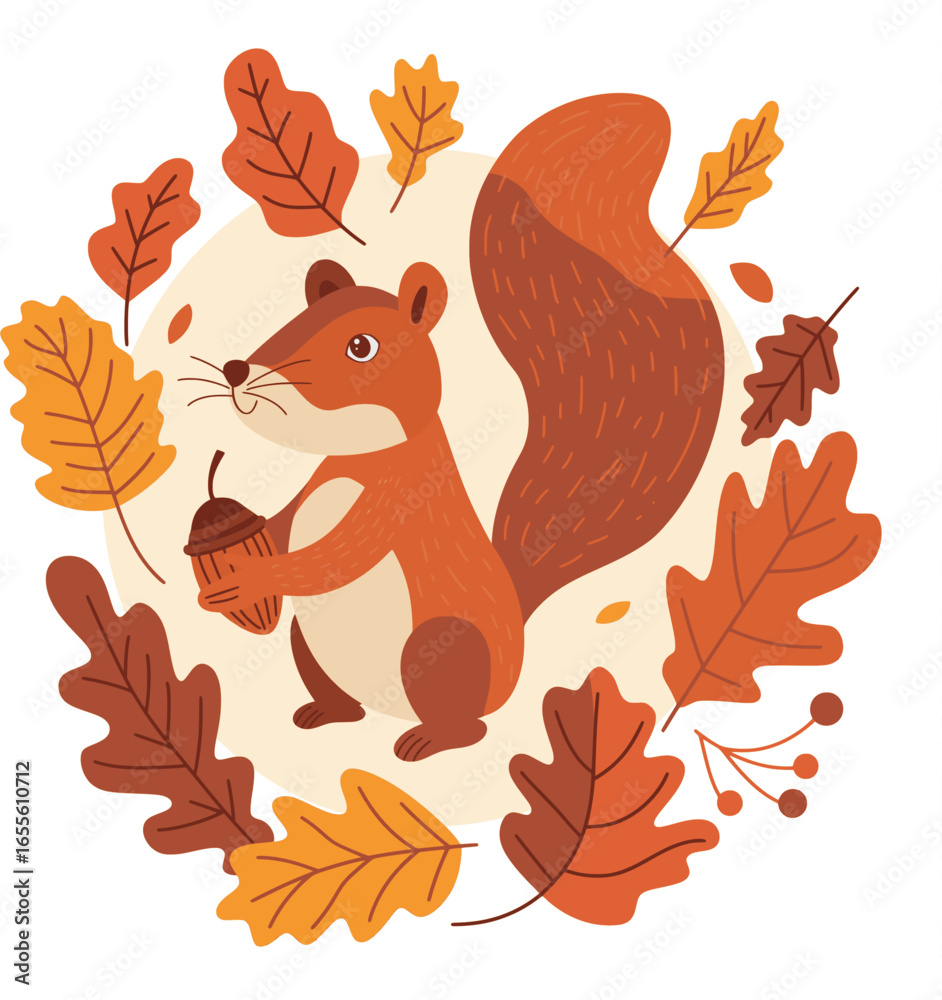 Fototapeta premium Squirrel Holding Acorn with Autumn Leaves Vector
