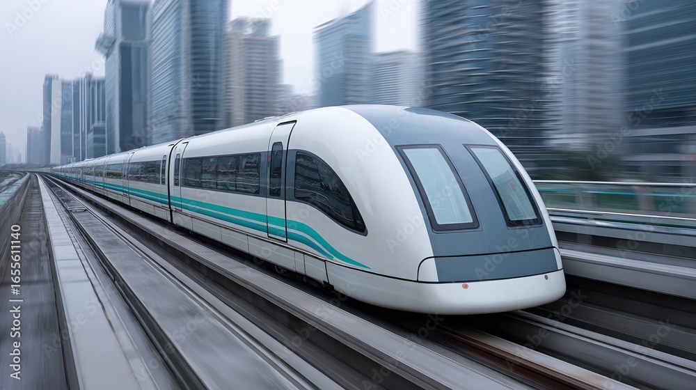 Naklejka premium A maglev train speeds along the track, its streamlined body gliding smoothly. Green belts line both sides of the track, with urban buildings forming the backdrop.