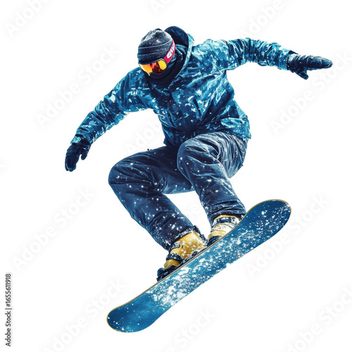 Snowboarder mid-air performing winter trick
