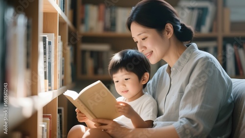 A mother and child share a quiet moment reading together in a cozy library setting.