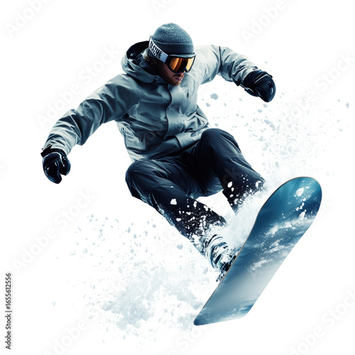 Snowboarder mid-air trick in winter outfit
