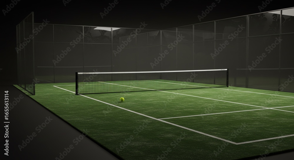 Obraz premium Indoor tennis court with green surface and net