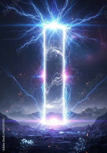 Futuristic Light Portal Surrounded by Electric Lightning in Dark Mountain Landscape
