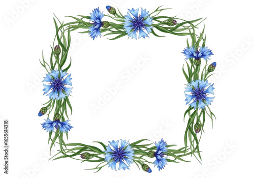 Blue cornflower floral square frame isolated on transparent background