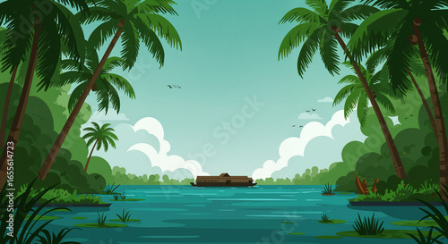 Vector illustration of a serene tropical landscape in the Kerala backwaters for a travel background