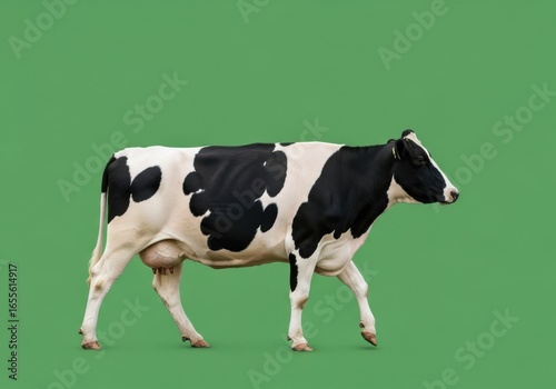Black and White Dairy Cow Walking on Green Background in Studio Setting