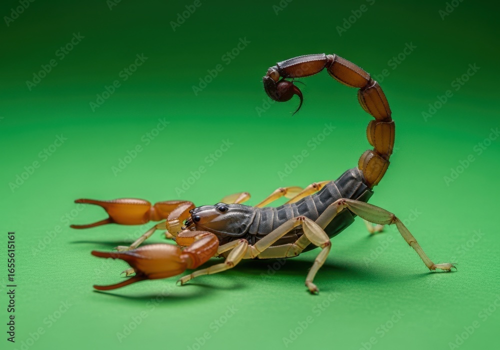 Fototapeta premium Scorpion with Pincer and Tail Elevated on Bright Green Background