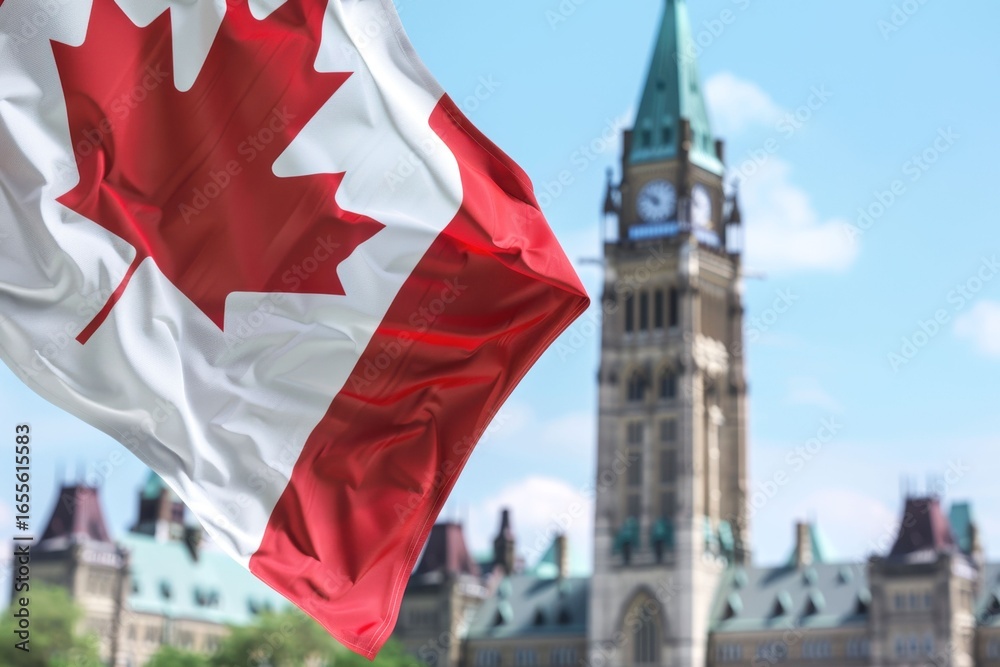 Naklejka premium The Canadian flag flutters in the breeze near the iconic clock tower of Parliament Hill, showcasing a bright blue sky over the city of Ottawa during the day.