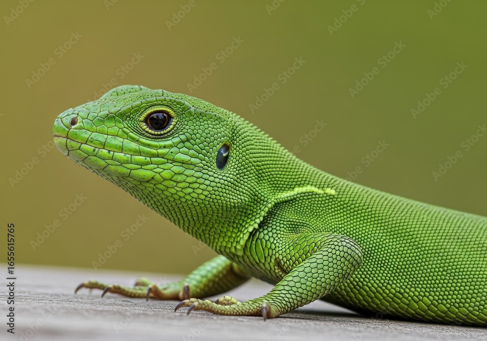 Fototapeta premium Green Lizard Resting on Wooden Surface in Natural Light
