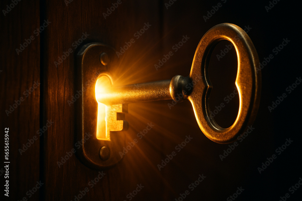 custom made wallpaper toronto digitalGlowing Key Unlocking Door with Warm Light in Dark Space Symbolizing New Opportunities and Hidden Secrets