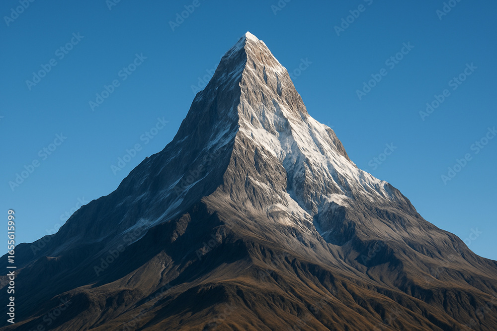 Fototapeta premium Majestic Rocky Mountain Peak Under Clear Blue Sky with Snow-Capped Summit and Beautiful Angular Formation for Nature Landscape Photography