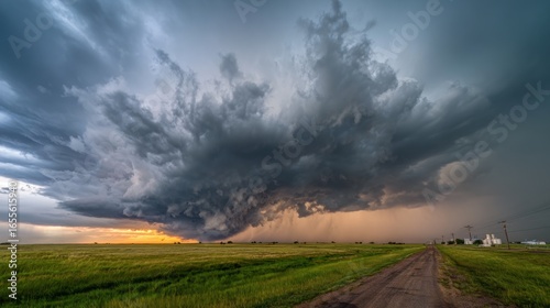Dark storm clouds loom over sprawling green fields as the sun sets, casting dramatic colors on the horizon. The atmosphere is charged with impending weather changes.