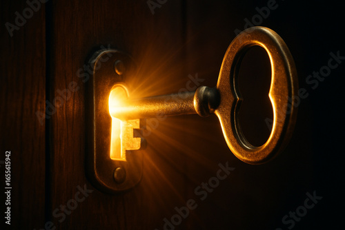 Wallpaper Mural Glowing Key Unlocking Door with Warm Light in Dark Space Symbolizing New Opportunities and Hidden Secrets Torontodigital.ca