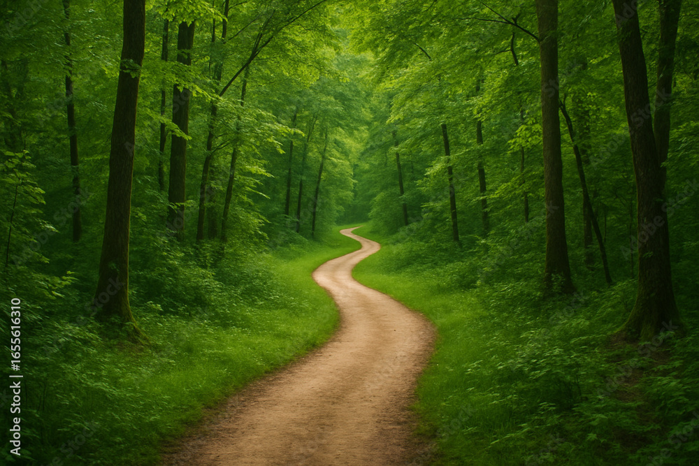 Fototapeta premium Serene Winding Path Through Lush Green Forest Landscape Inviting Nature Trail for Peaceful Hiking and Tranquil Outdoor Experience