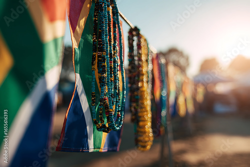 South african flags and beaded necklaces hanging at sunset market