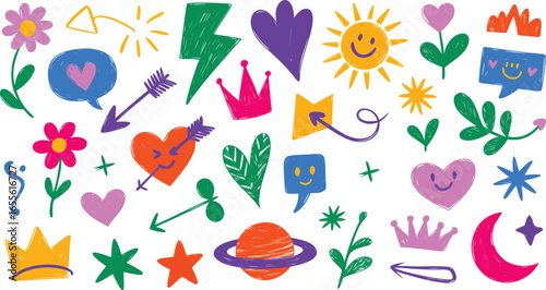 Colorful Doodle Set Featuring Flowers, Hearts, Crowns, Arrows, Sun, Planet, Leaves and Speech Bubbles