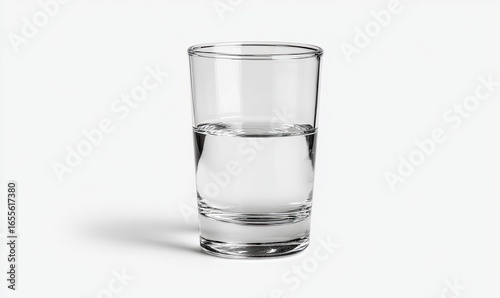 Clear glass shot glass, half-full of water
