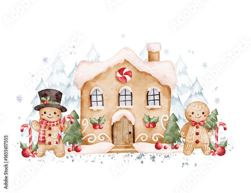 Watercolor Illustration Gingerbread Family and House in Winter Wonderland Scene