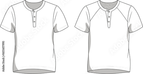 Essential Henley T-Shirt Design, CAD Drawing, Flat Vector Illustration, Fashion Sketch, Apparel Template, Garment Technical Drawing, Clothing Mockup, Buttoned Shirt