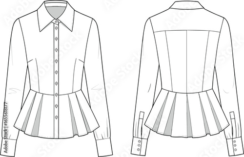 Fashionable women's blouse design, CAD drawing, flat vector illustration, stylish pleated peplum, long sleeves, front and back view, garment sketch