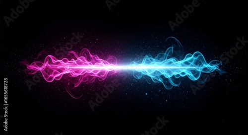 A vibrant, horizontal beam of white light splits into swirling, ethereal smoke and particle effects, with magenta and pink energy flowing to the left and cool blue and cyan energy to the right