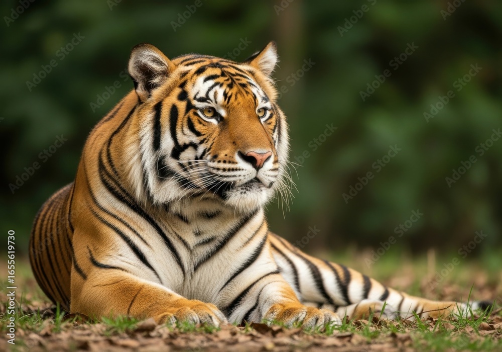Obraz premium Majestic Tiger Lying Resting in Green Forest Natural Setting
