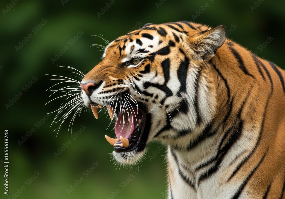 Fototapeta premium Majestic Bengal Tiger Roaring Close Up in Natural Green Environment