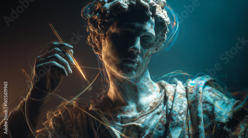 Roman marble statue of a digital painter holding a glowing stylus, surrounded by floating illuminated lines