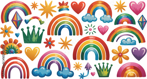 Whimsical Rainbows, Hearts, Crowns, Flowers, and Stars Vibrant Colorful Cartoon Illustration on Beige Background