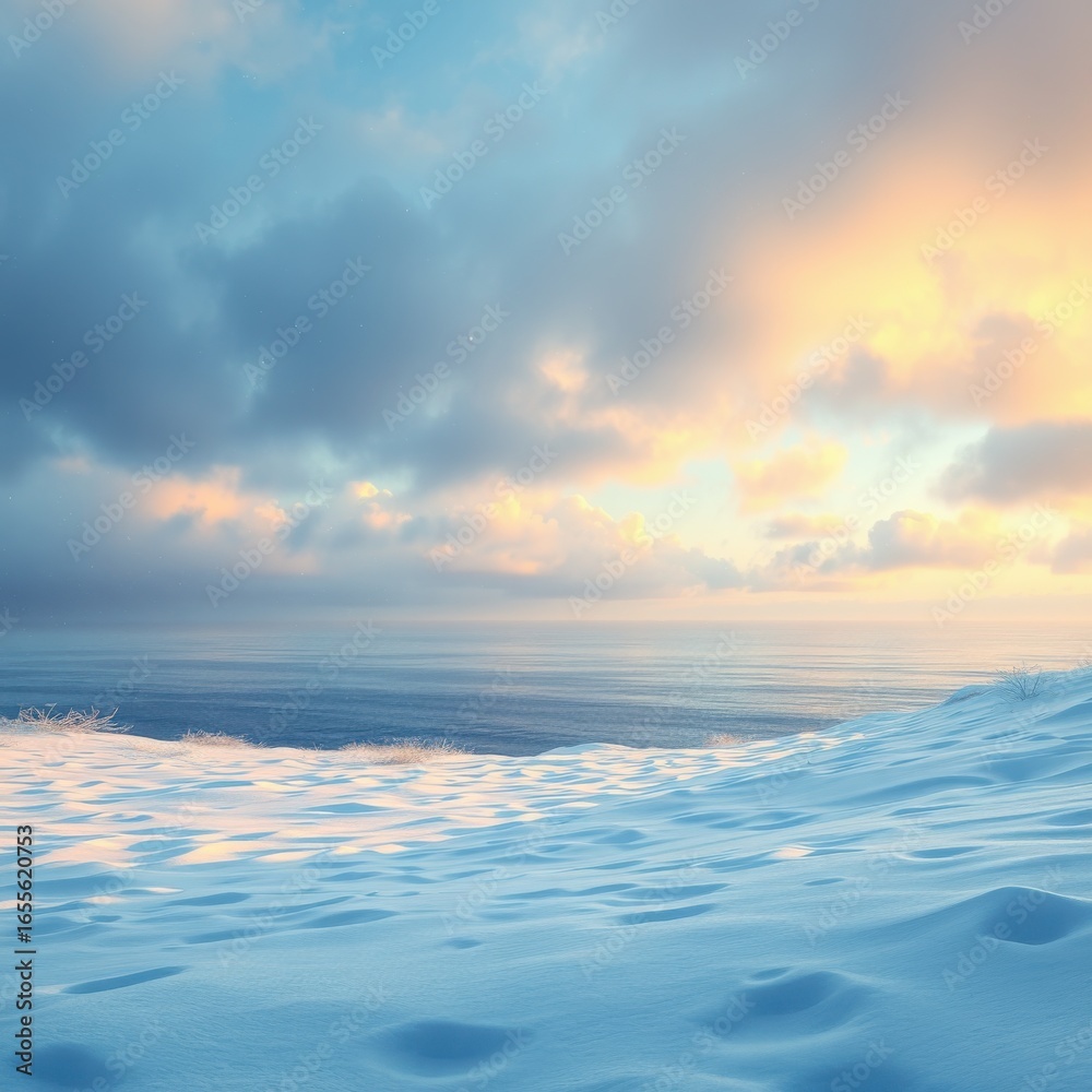 Obraz premium A snowy landscape with a cloudy sky and a body of water in the distance at sunset or sunrise view