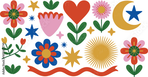 Retro Flowers, Celestial Elements, and Handwritten Word Live in a Vintage Aesthetic Illustration