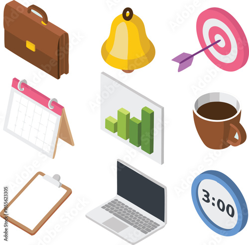 Isometric Office Essentials Briefcase, Notification Bell, Target, Calendar, Bar Graph, Coffee, Laptop, Clock, Clipboard